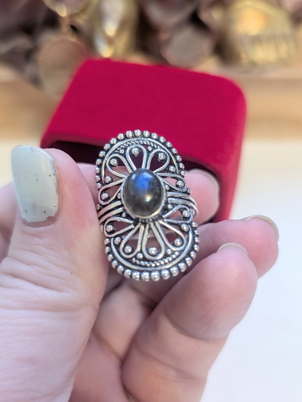Sterling Silver Labradorite Oval Filigree Statement Ring - Blue Gray 🩶 Size 8